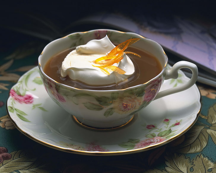 white-and-green floral teacup with saucer, tea, ice cream, decoration, HD wallpaper