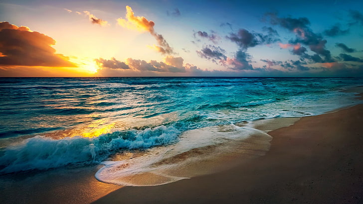 갈색 해안 모래, 해변, 색 보정, 일몰, 바다, 해안, 파도, HD 배경 화면
