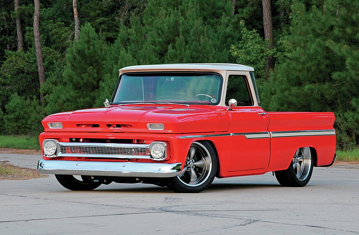 classic red and white single cab pickup truck, 1965 chevy c10, red, cars, stylish, vintage, HD wallpaper