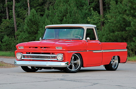 classic red and white single cab pickup truck, 1965 chevy c10, red, cars, stylish, vintage, HD wallpaper HD wallpaper