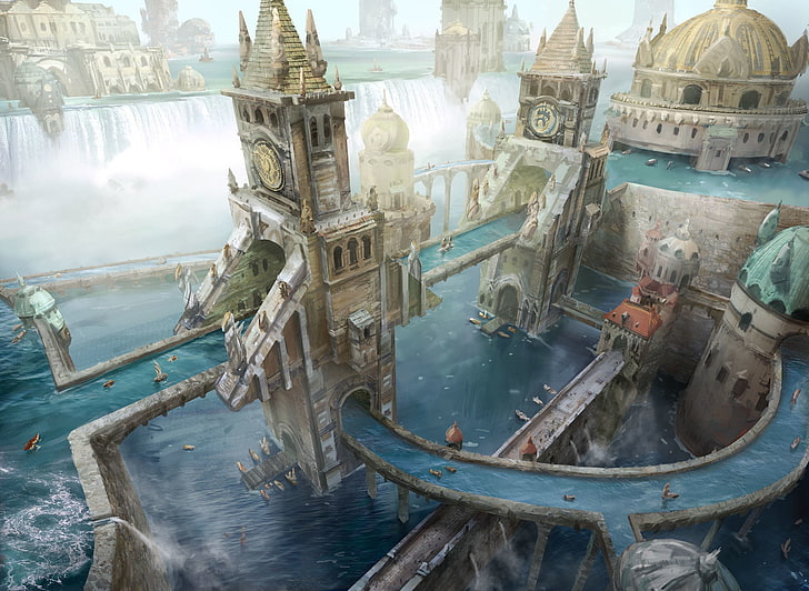 ilustracja budynków z szarą kopułą, miasto fantasy, sztuka fantasy, grafika, Tapety HD