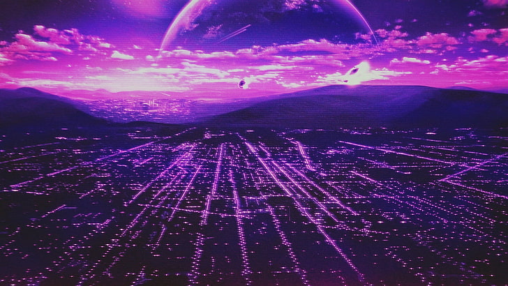 purple planet, Retro style, scanlines, city, planet, HD wallpaper