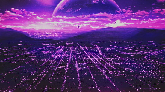 الكوكب الأرجواني ، نمط الرجعية ، scanlines ، المدينة ، الكوكب، خلفية HD HD wallpaper