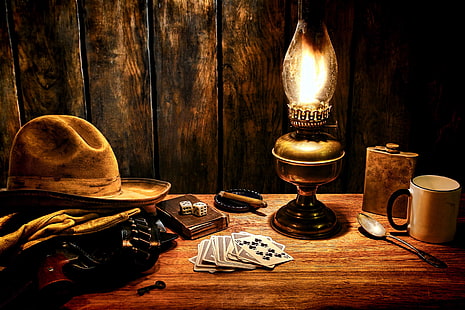 brown cowboy hat, surface, style, table, cubes, lamp, hat, key, bones, mug, cigar, gloves, revolver, Western, colt, wild West, flask, wallpaper., bandolier, cowboy, playing cards, HD wallpaper HD wallpaper