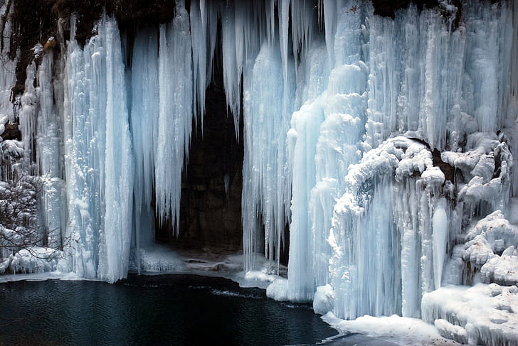 ice, waterfall, frozen lake, cold, nature, frozen river, lake, river, HD wallpaper