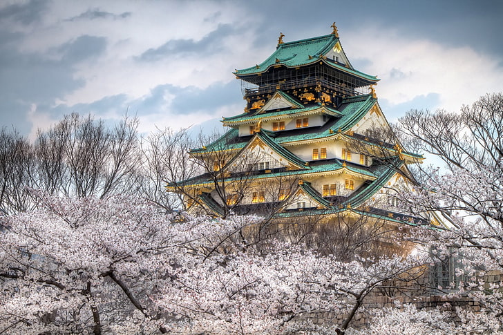 château de style japonais blanc et turquoise, châteaux, Château d'Osaka, Architecture, Japon, Osaka, Sakura, Printemps, Fond d'écran HD