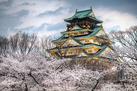 white and teal Japanese style castle, Castles, Osaka Castle, Architecture, Japan, Osaka, Sakura, Spring, HD wallpaper HD wallpaper