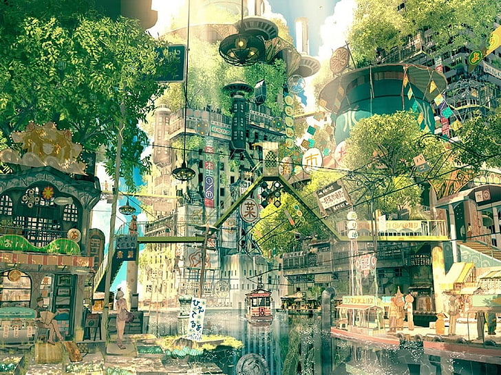 body of water surrounded by buildings artwork, digital art, Japan, fantasy art, city, street, trees, Imperial Boy, fantasy city, anime, HD wallpaper