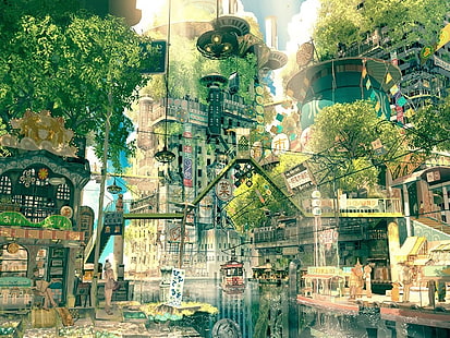 badan air dikelilingi oleh karya seni bangunan, seni digital, Jepang, seni fantasi, kota, jalan, pohon, Imperial Boy, kota fantasi, anime, Wallpaper HD HD wallpaper