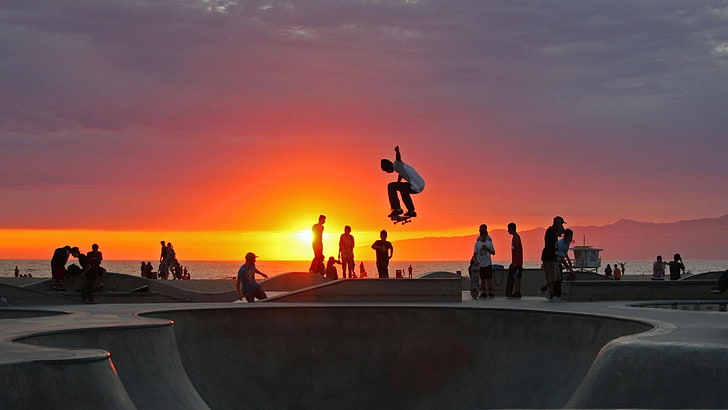 skateboarding, venice beach, venice, beach, california, people, nature, sunset, HD wallpaper