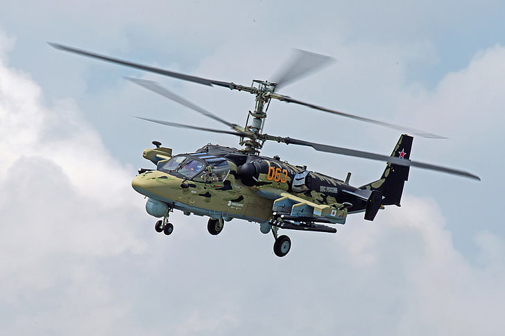 brown and black fighter plane, the sky, flight, helicopter, Russian, Ka-52, shock, 