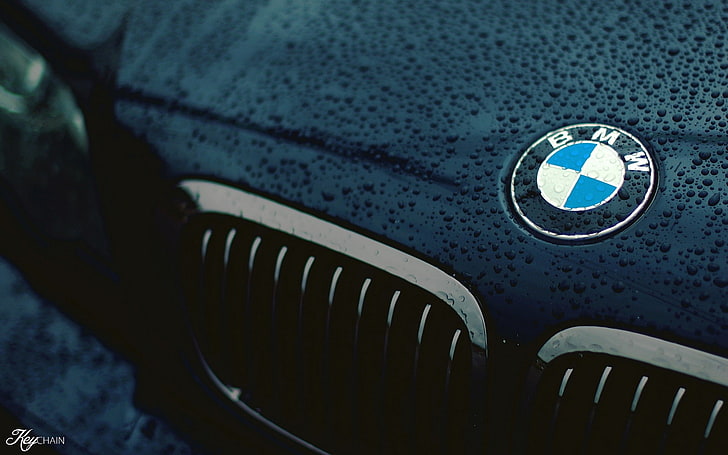 samochód, BMW, zbliżenie, logo, czarny, krople wody, mokry, cyjan, makro, Tapety HD