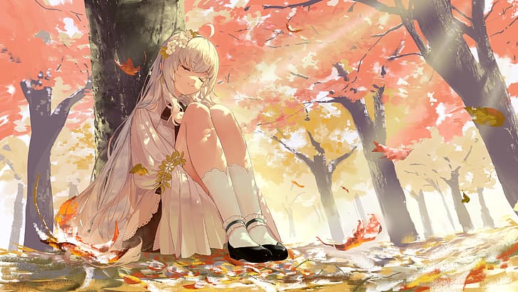 anime, garotas de anime, folhas, árvores, HD papel de parede