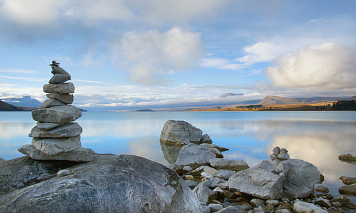 rock cairn beside body of water, Lakeside, Lake Tekapo, NZ, rock, cairn, body of water, Canterbury, Scenery, New Zealand, Stones, Sony DSLR-A300, Public Domain, Dedication, CC0, geo tagged, photos, nature, rock - Object, lake, mountain, landscape, outdoors, scenics, sky, water, HD wallpaper HD wallpaper