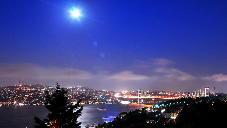 bosphorus, cities, cityscapes, istanbul, night, turkey, HD wallpaper