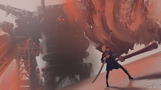 аниме персонаж держит меч обои, NieR, Nier: Автоматы, 2B (Nier: Автоматы), катана, HD обои HD wallpaper