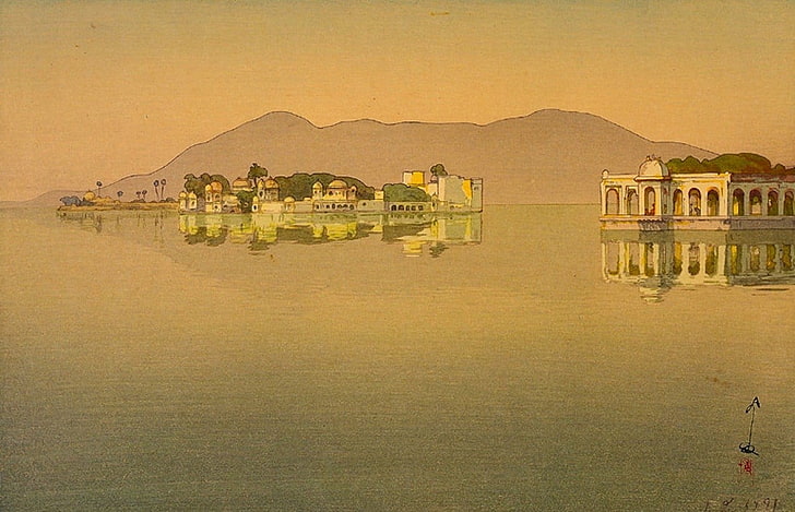 zamek otoczony wodnym malarstwem, Yoshida Hiroshi, dzieło sztuki, język japoński, malarstwo, góry, woda, Tapety HD