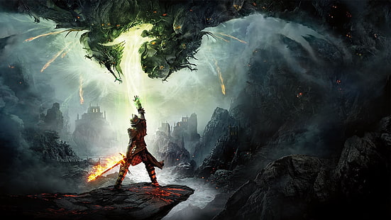 captura de tela do aplicativo de jogo, Dragon Age: Inquisition, Dragon Age Inquisition, Dragon Age, videogames, fantasia, fogo, cavaleiro, HD papel de parede HD wallpaper