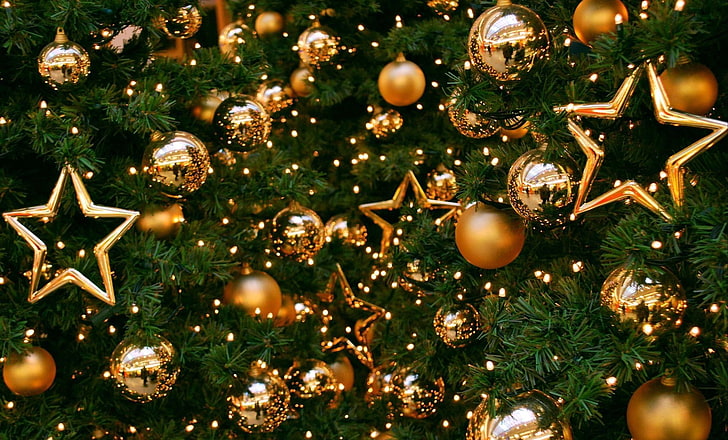 золотая рождественская безделушка, елка, украшения, воздушные шары, звезды, золото, новый год, рождество, праздник, HD обои