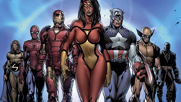 Иллюстрация о супергероях Marvel, комиксы, Человек-паук, Железный человек, Капитан Америка, Росомаха, Часовой, Ронин, Женщина-паук, HD обои