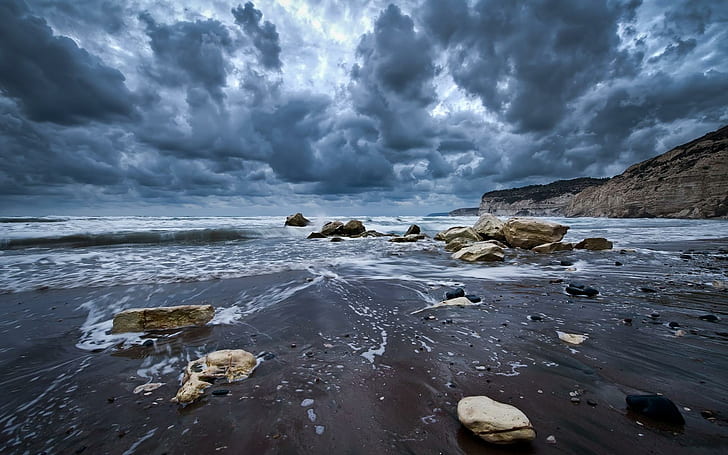 Gorgeous Stormy Seashore, cliffs, beach, stones, clouds, nature and landscapes, HD wallpaper