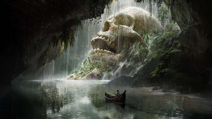приложение игры езда лодки персонажа острова черепа, человек на лодке около сцены фильма белого черепа, пейзаж, произведение искусства, фэнтезийное искусство, лодка, череп, пещера, цифровое искусство, вода, Квентин Мейбл, HD обои