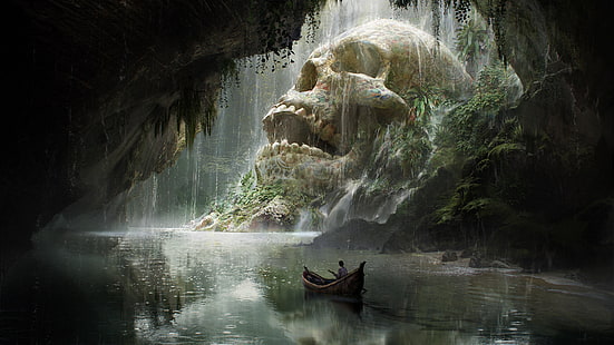 череп остров характер езда лодка игра приложение, човек на лодка близо до бял череп филмова сцена, пейзаж, произведения на изкуството, фентъзи изкуство, лодка, череп, пещера, дигитално изкуство, вода, Куентин Мабил, HD тапет HD wallpaper