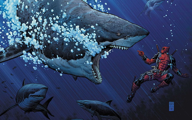 Deadpool wallpaper, Deadpool, shark, Marvel Comics, HD wallpaper