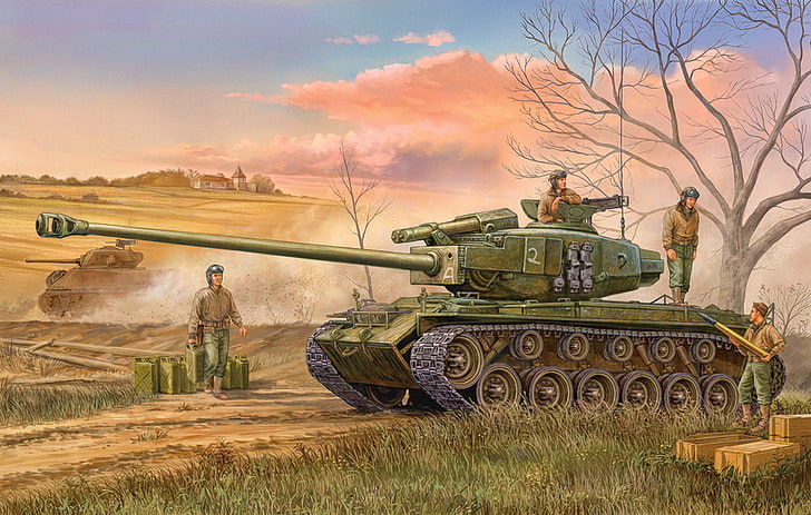 녹색 전투 탱크 벽지, 전쟁, 미술, 미국, 탱크, ww2, M-26 퍼싱, HD 배경 화면