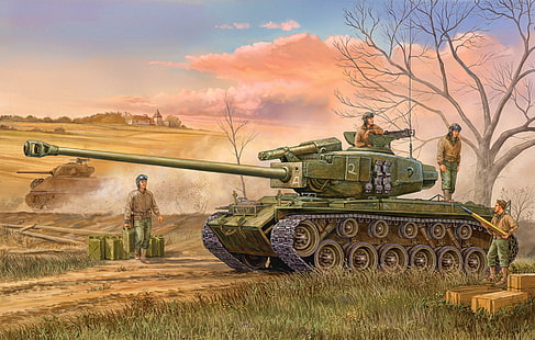 тапет за зелен боен танк, война, изкуство, американски, танк, ww2, M-26 Pershing, HD тапет HD wallpaper