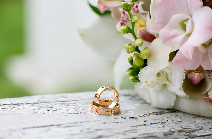two gold-colored Cartier Love rings, flowers, ring, wedding, HD wallpaper