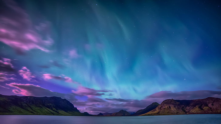 céu, aurora boreal, aurora boreal, atmosfera, alftavatn, fenômeno, lago, lago alftavatn, ártico, islândia, paisagem, lago, luzes polares, céu noturno, escuridão, HD papel de parede