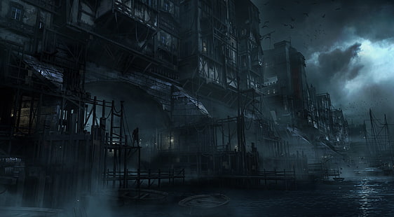 Thief 4 Video Game Concept Art, ville avec des nuages ​​sombres fond d'écran, jeux, voleur, jeu, concept, vidéo, Fond d'écran HD HD wallpaper