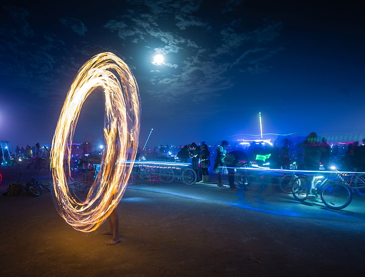 the sky, clouds, lights, people, the moon, art, USA, Nevada, Burning-Man, fire show, HD wallpaper