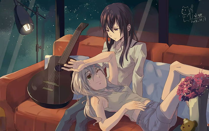 Anime, Anime Girls, Yuri, Citrus (Manga), langes Haar, dunkles Haar, lila Augen, Gitarre, HD-Hintergrundbild