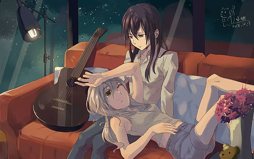 Anime, Anime Girls, Yuri, Citrus (Manga), langes Haar, dunkles Haar, lila Augen, Gitarre, HD-Hintergrundbild HD wallpaper