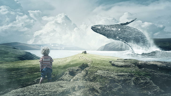 mer, lac, baleine, enfant, enfant, art fantastique, Fond d'écran HD