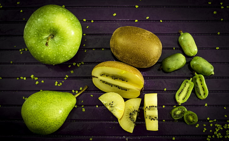 Green Fruits, kiwi fruit, Food and Drink, Beautiful, Purple, Apple, Green, Fresh, Fruit, Kiwi, Closeup, organic, delicious, Natural, pear, Food, indoor, healthy, diet, vegetarian, nutrition, vitamins, foodart, HD wallpaper