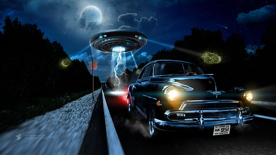 spaceship and classic green coupe on road at night digital wallpaper, vehicle, car, Chevrolet, night, UFO, digital art, fantasy art, lights, road, aliens, trees, forest, clouds, stars, planet, lightning, road sign, HD wallpaper HD wallpaper