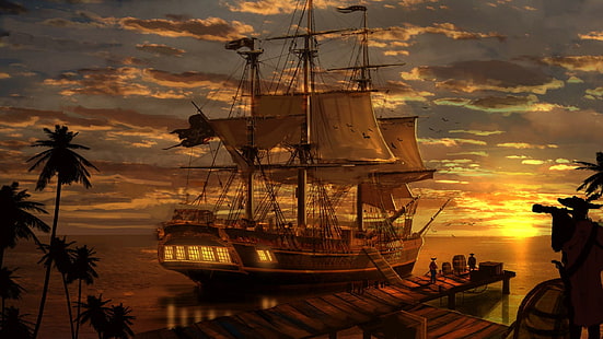 Kapal bajak laut, kapal bajak laut kayu cokelat, fantasi, 2560x1440, cloud, kapal, Wallpaper HD HD wallpaper