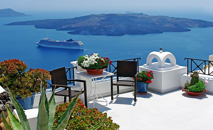 Paisaje de Santorini, dos sillones negros, Europa, Grecia, Paisaje, Santorini, Fondo de pantalla HD