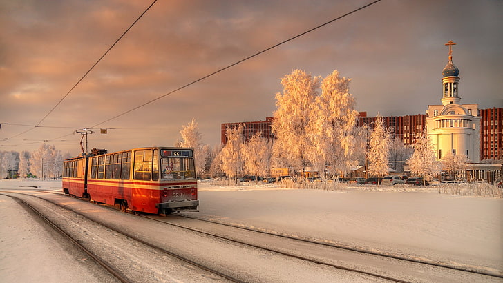 winter, St. Petersburg, city, tram, church, Orthodox, snow, evening, Russia, HD wallpaper