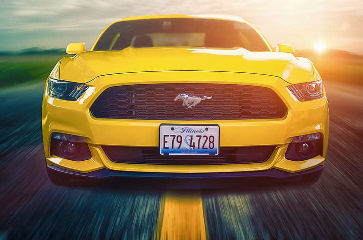 Ford, Mustang, 2015, sarı ferrari spor araba, Ford, Mustang, Kas, 2015, Sarı, Kompozit, Araba, Güneş, Yol, Ön, HD masaüstü duvar kağıdı
