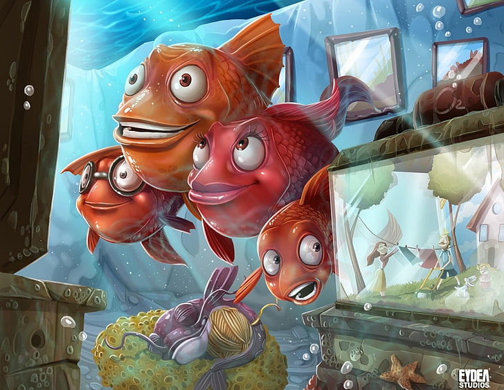 animasyonlu balıklar illüstrasyon, balık, akvaryum, su, aile, HD masaüstü duvar kağıdı