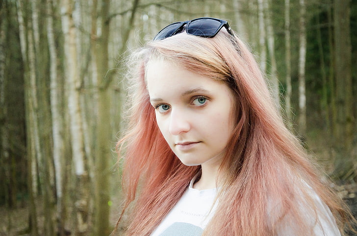 rosa hår, skog, blå ögon, HD tapet