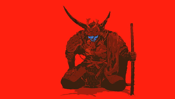 onimusha illustration, samurai, red, artwork, minimalism, simple background, sword, HD wallpaper