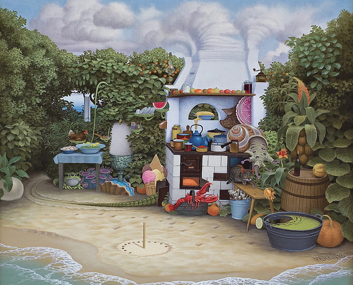 Jacek Yerka, Summer kitchen, plants, kitchen, HD wallpaper