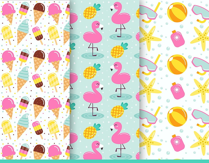 Texture, pattern, flamingo, starfish, fruit, shell, summer, paper, pink, HD wallpaper