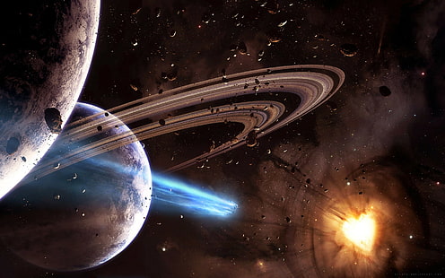 Weltraum, Saturn, Weltraumkunst, Herz, Asteroid, Planetenringe, Planet, Meteore, HD-Hintergrundbild HD wallpaper