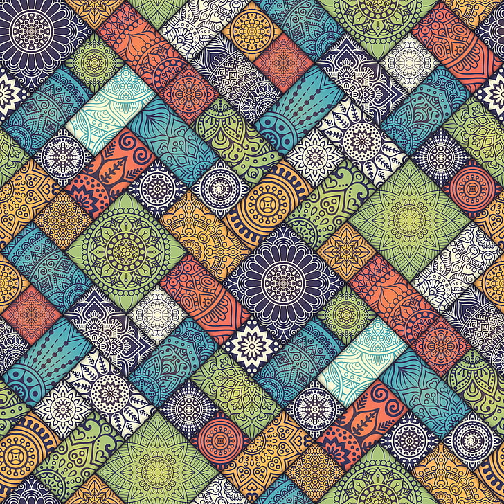blue, yellow, and red area rug, pattern, texture, mandala, green, HD wallpaper